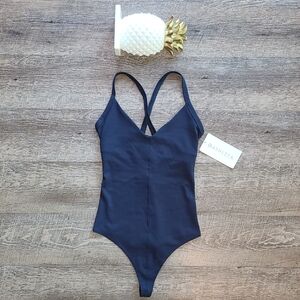NWT! Athleta Front Plunge Bodysuit - Navy (Modesty Bra Pads Included)